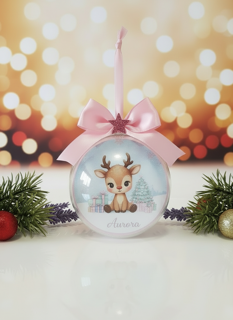 Pallina Aurora con fiocco rosa grande e stella rosa glitter