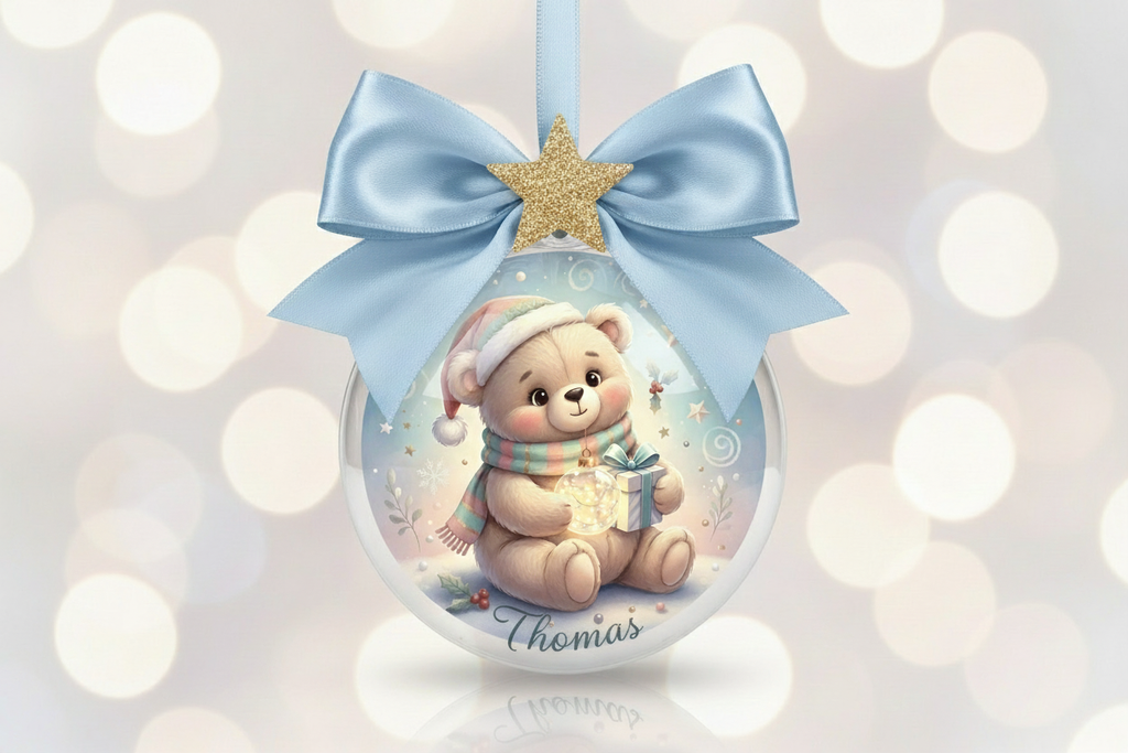 Pallina orsetto Thomas con fiocco azzurro