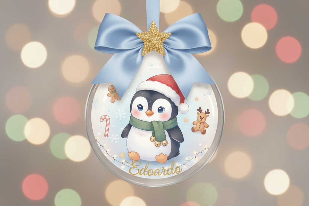 Pallina pinguino Edoardo con fiocco azzurro